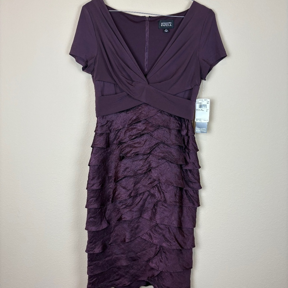 NWT Adrianna Papell Plum Ruffle Tiered V-Neck Midi Dress; Size 4